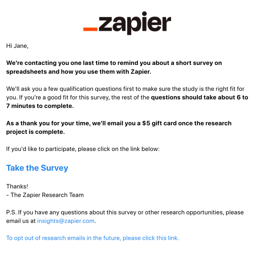 survey email examples zapier